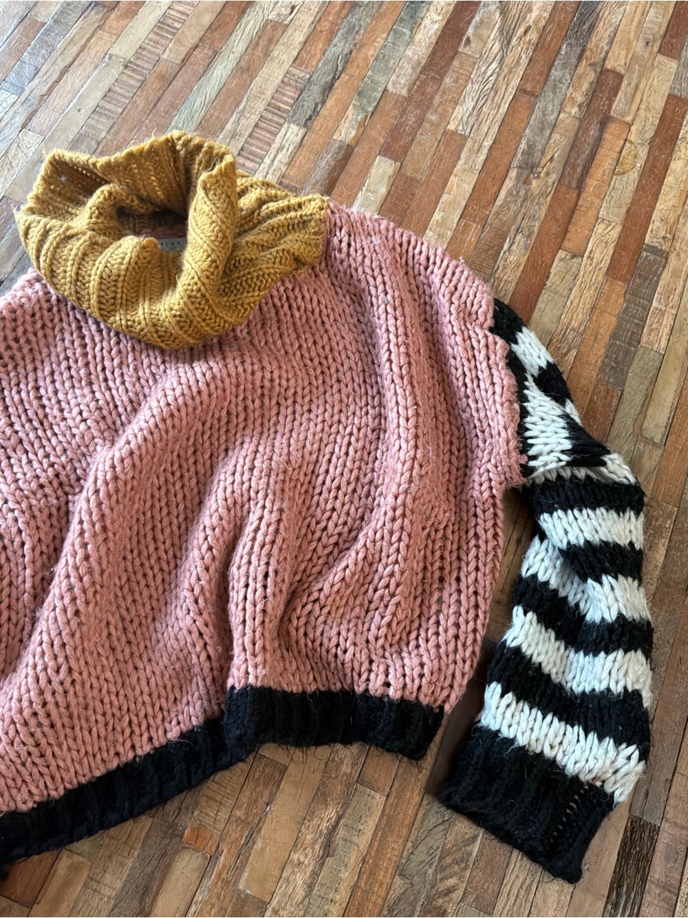 FAVLUX Dusty Pink Sweater with Mustard Cowl and Black & White Striped Sleeve